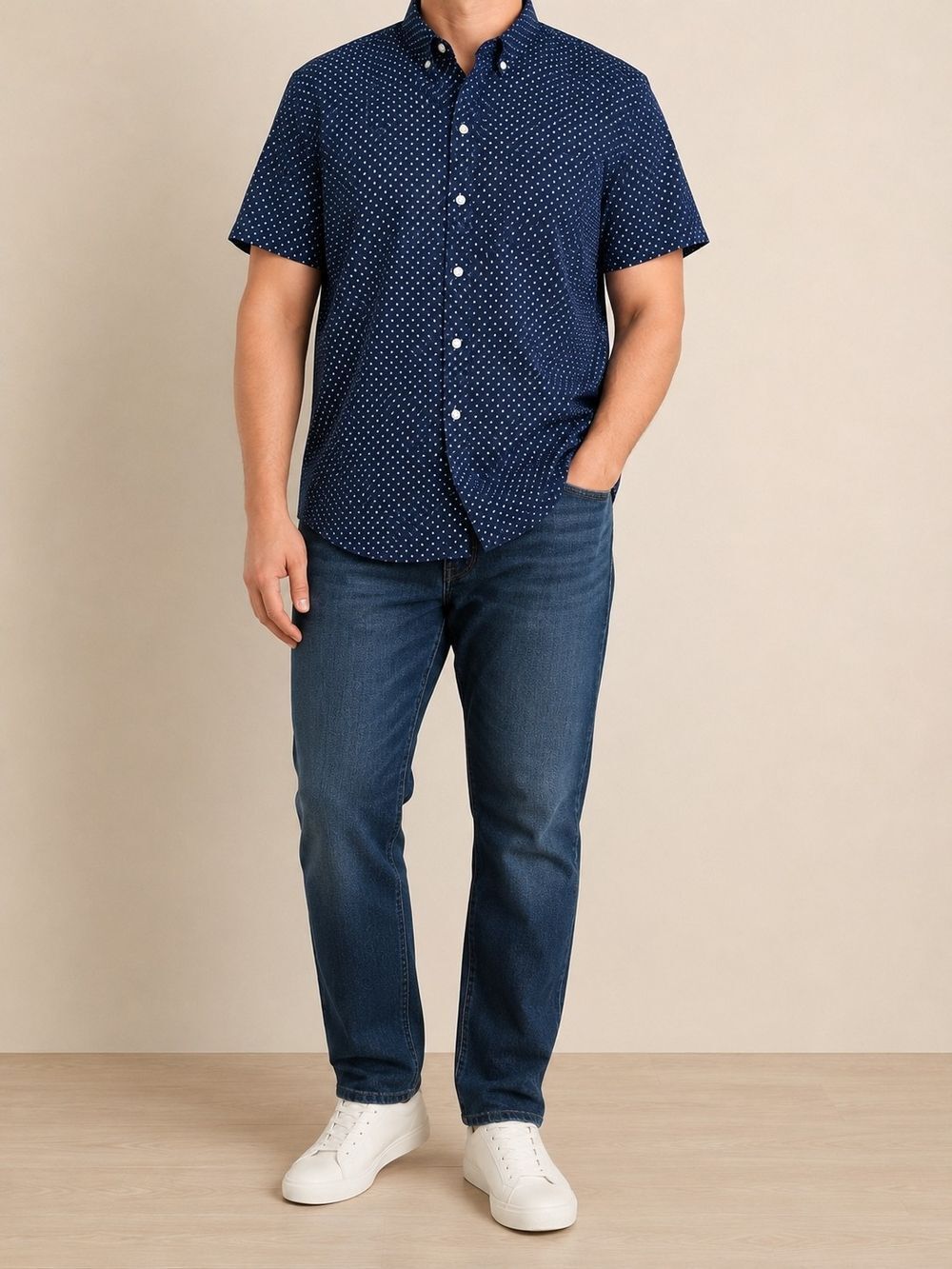 Old Navy Men's XXL Navy Blue Polka Dot Button Down Shirt Short Sleeve Stretch Co